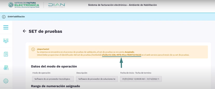 Pantalla "SET de pruebas" en el portal de habilitación de la DIAN, con el TestSetId resaltado dentro del mensaje informativo.